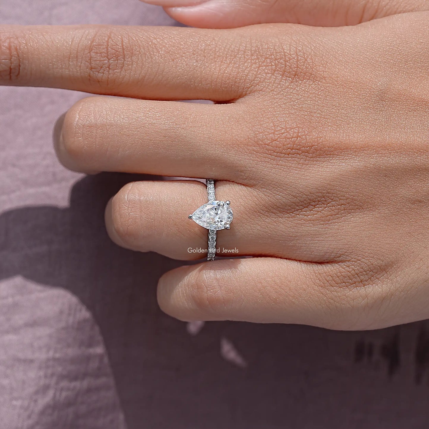 Pear Cut Moissanite Solitaire Accent Wedding Ring