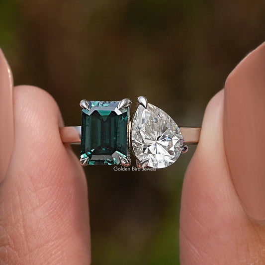 Emerald And Pear Cut Moissanite Two Stone Ring