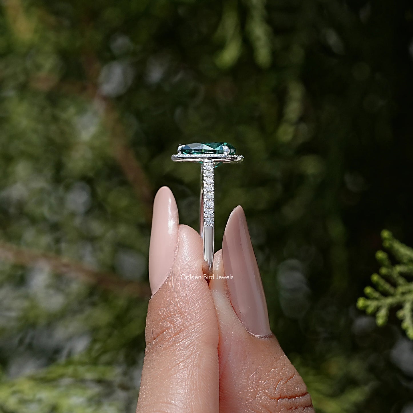 Green Pear Moissanite Gemstone Halo Accent Wedding Ring
