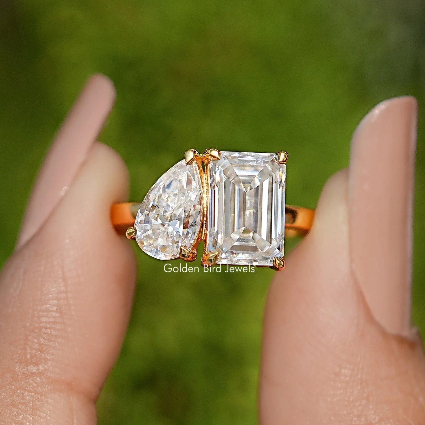 Pear And Emerald Cut Moissanite Two Stone Ring
