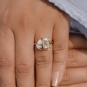 Pear And Emerald Cut Moissanite Two Stone Ring