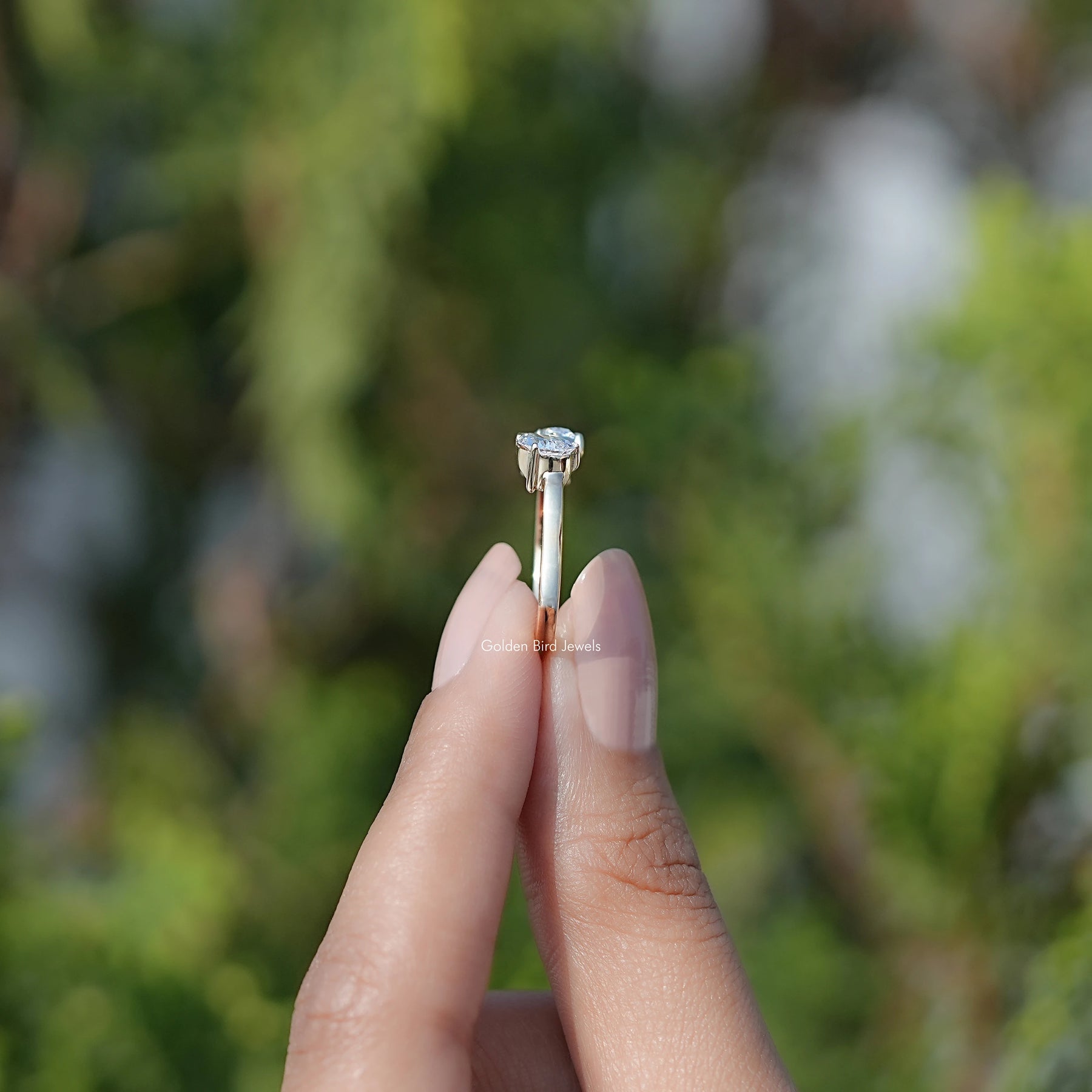 Side View of Open Cuff Pear And Oval Lab Diamond Two Stone Ring

