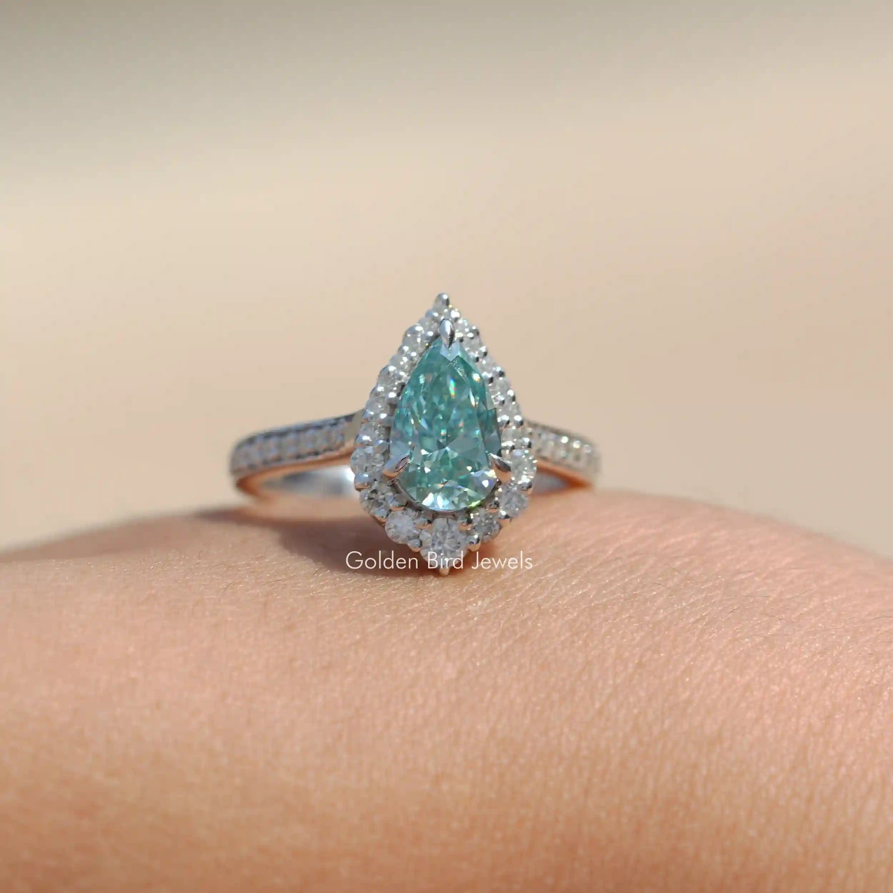 View of Pear Cut Moissanite Engagement Ring Made In 18k White Gold
