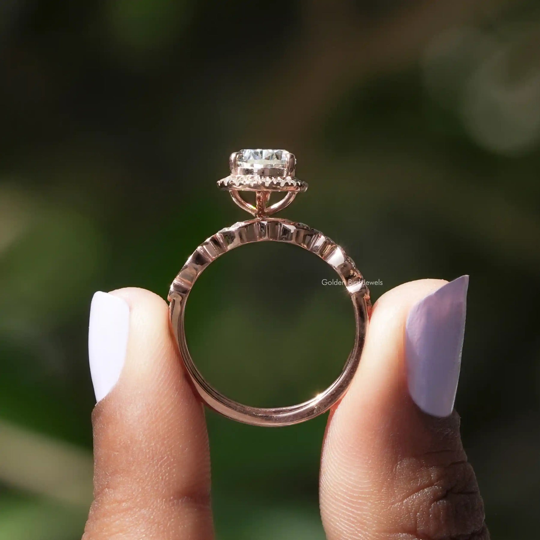 Back View of Pear  Cut Moissanite Ring Set In two fingers