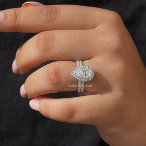 pear shaped halo moissanite ring set crafted in  vvs clarity
