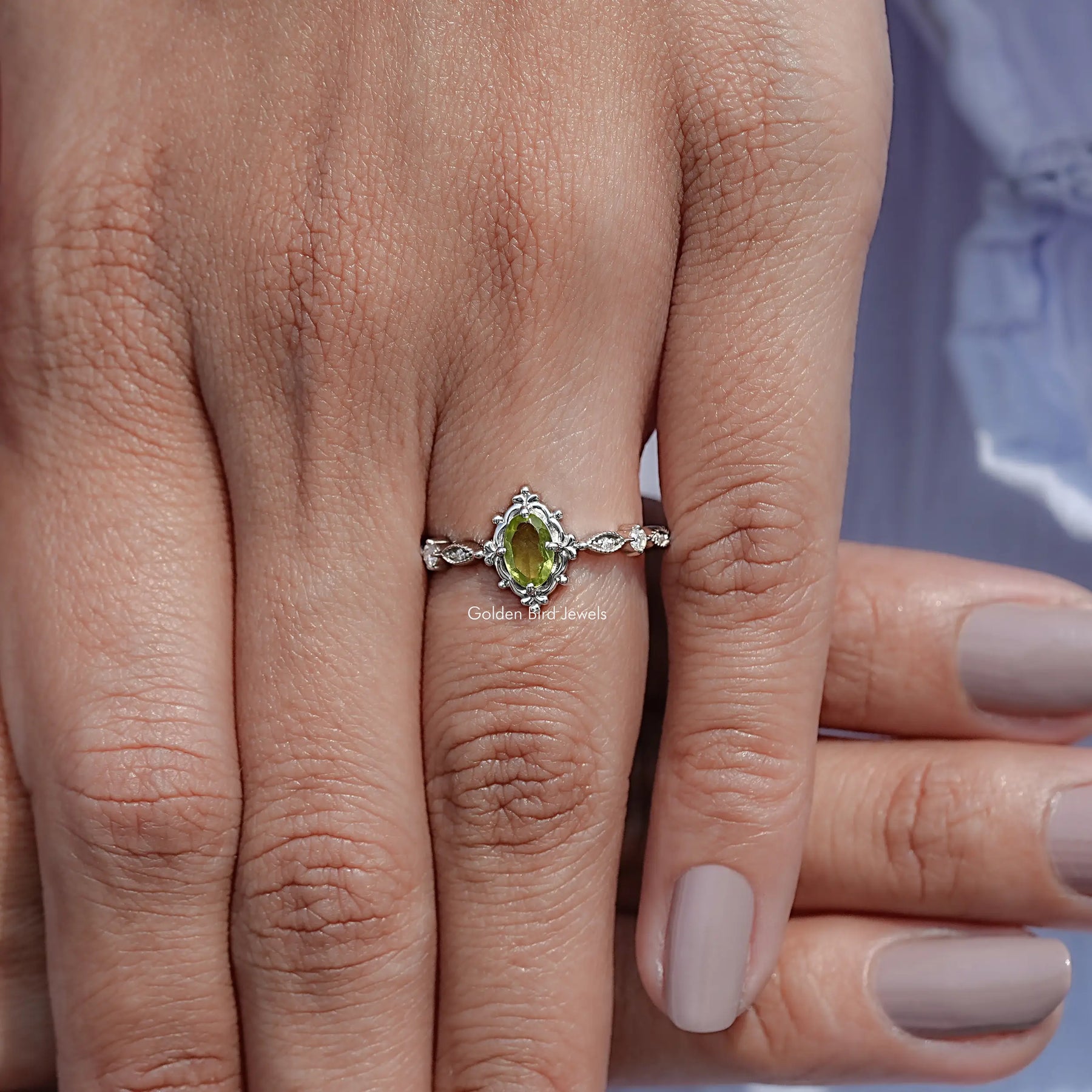 Peridot Green Oval Cut Gemstone Accent Ring
