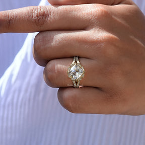 View of Moissanite Halo Split Shank Ring In finger