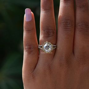 View of Split Shank Peruzzi Cut Moissanite Ring In finger