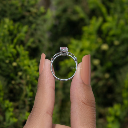 Rose Quartz Round Gemstone Leaf Style Solitaire Ring