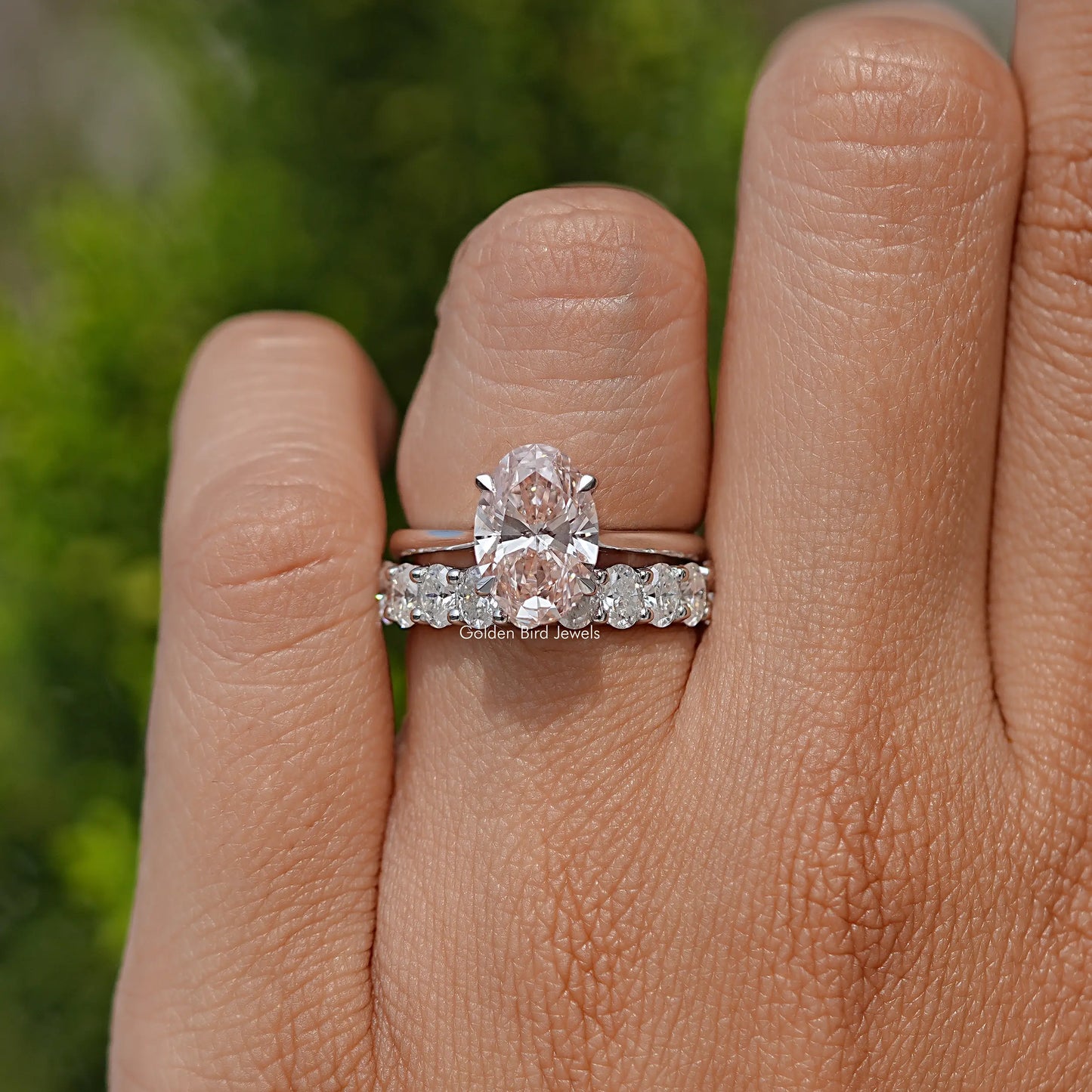 Pink Oval Cut Lab Grown Diamond Bridal Ring Set