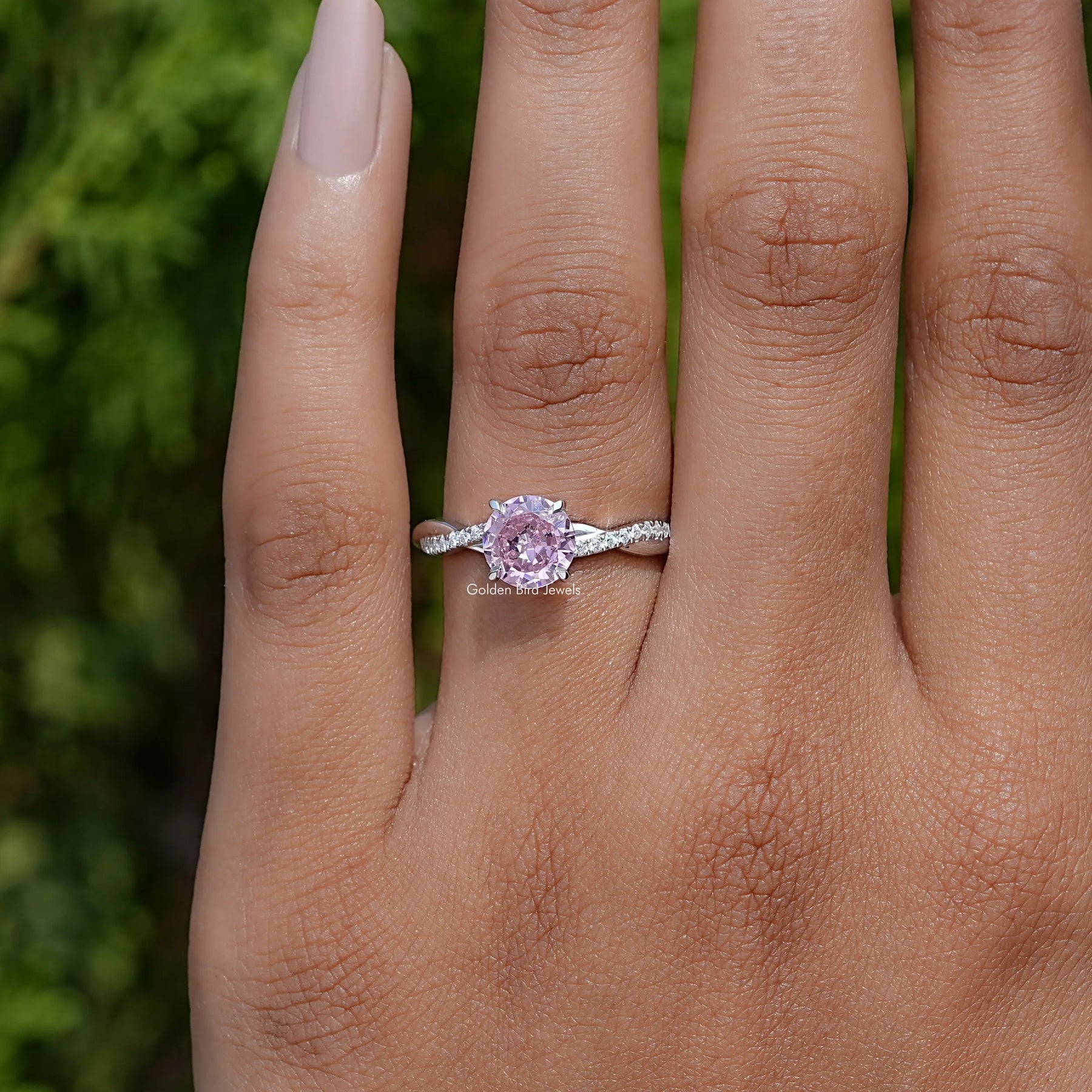 Detailed View of Round Cut Gemstone Accent Ring In White Gold