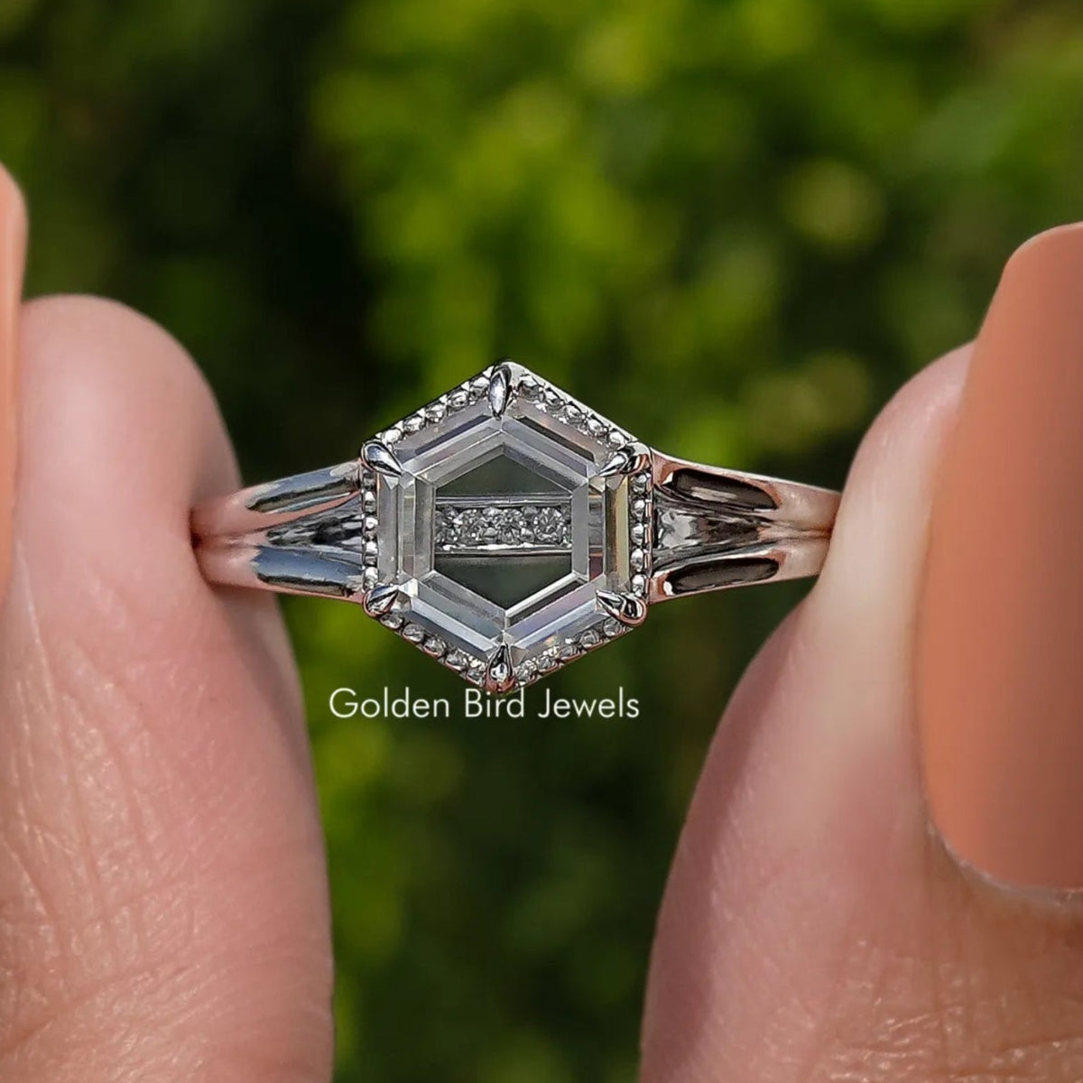 Portrait Cut Hexagon Moissanite Engagement Ring