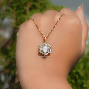 Portuguese Cut Moissanite Halo Pendant For Her