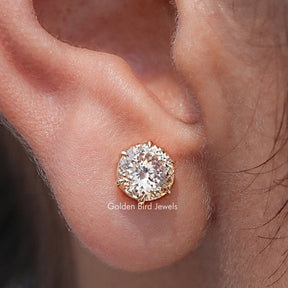 In Ear View Of Portuguese Round Cut Moissanite Stud Earrings in prongs setting                                                         		
