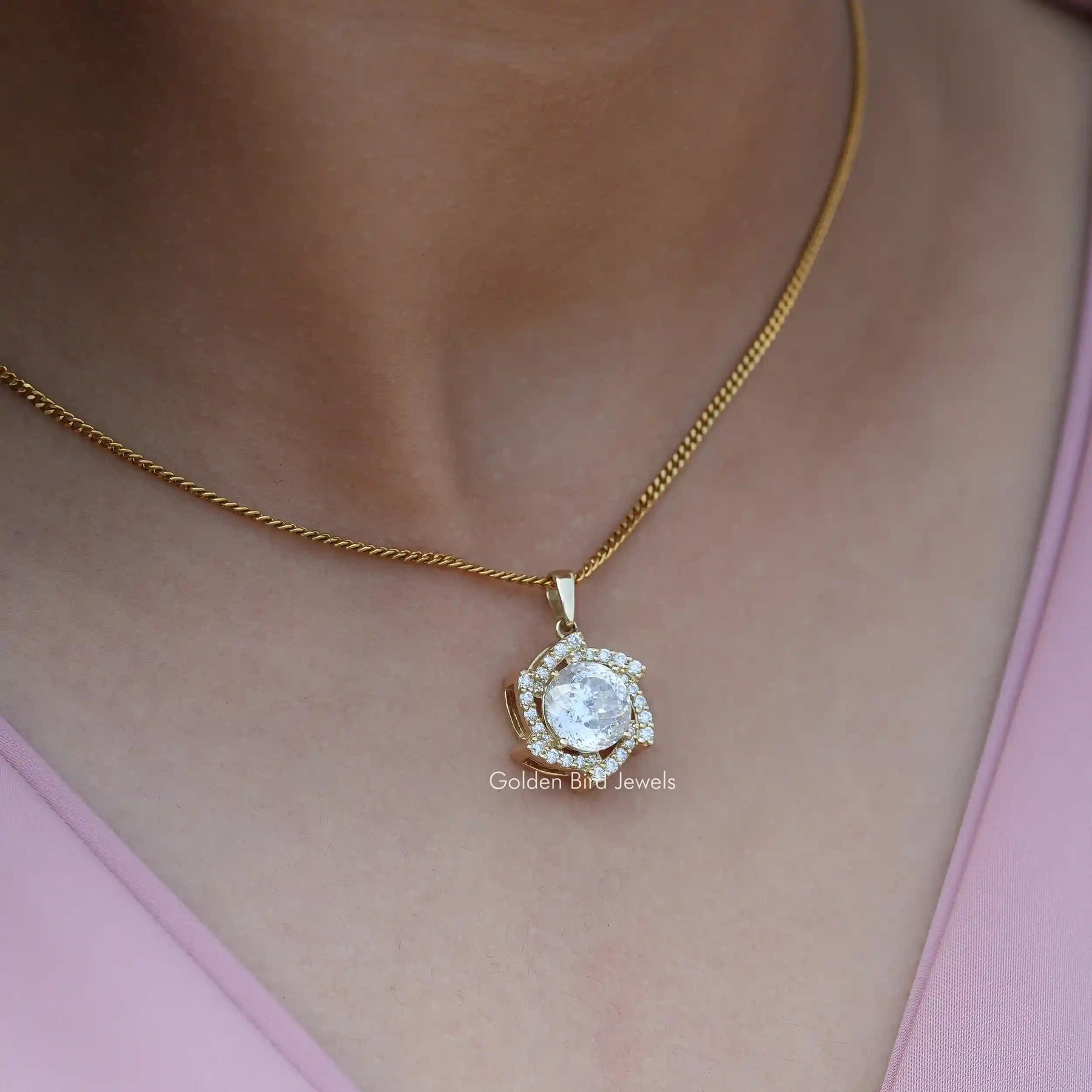 In front view of moissanite Portuguese cut pendant