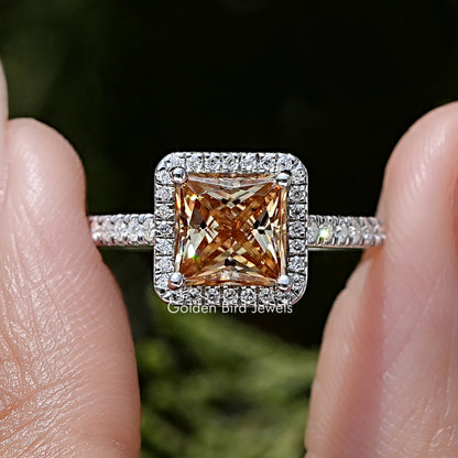 Princess Cut Moissanite Gemstone Halo Accent Wedding Ring