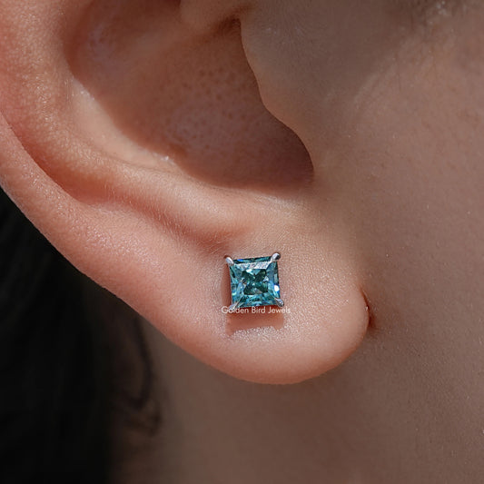 Princess Cut Moissanite Gemstone Screw Back Earrings