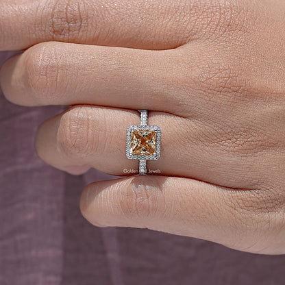Princess Cut Moissanite Gemstone Halo Accent Wedding Ring