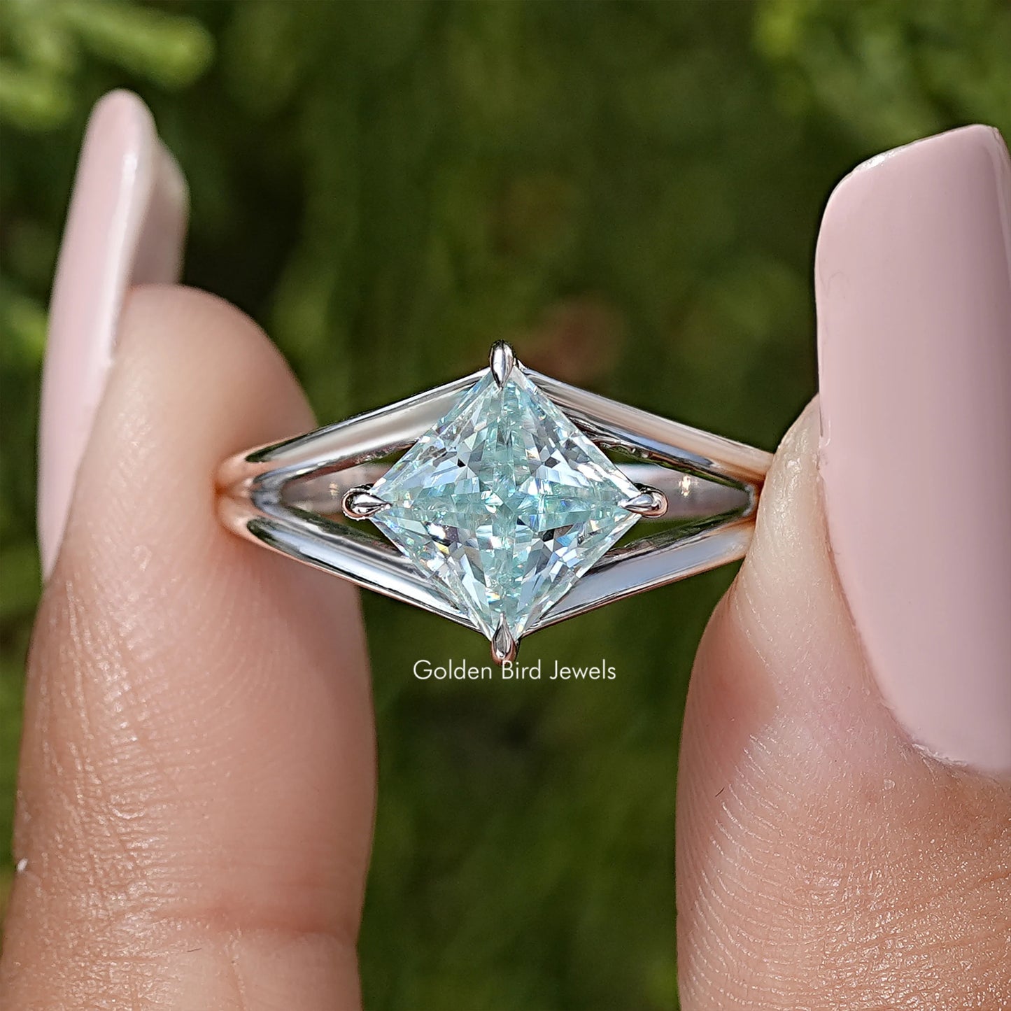 Princess Moissanite Gemstone Split Shank Wedding Ring