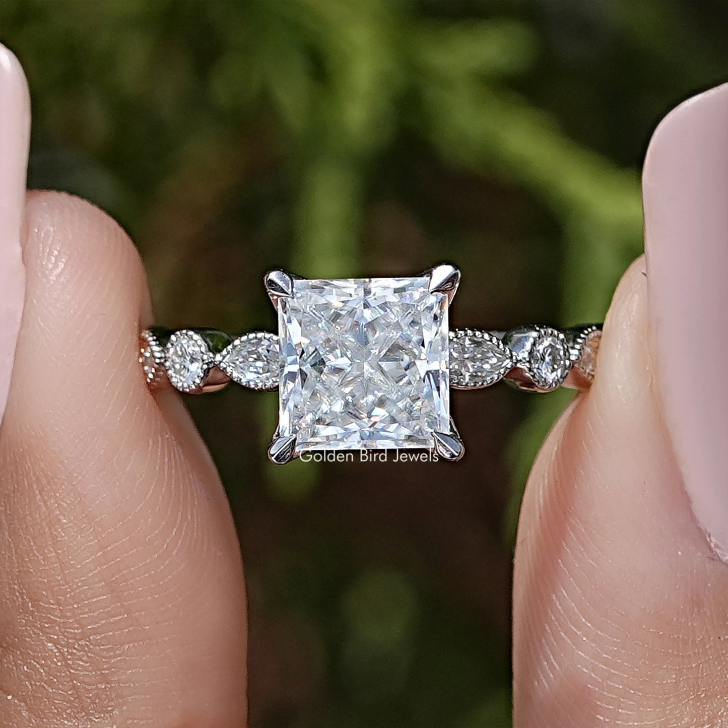 Princess Cut Moissanite Miligraine Set Wedding Ring