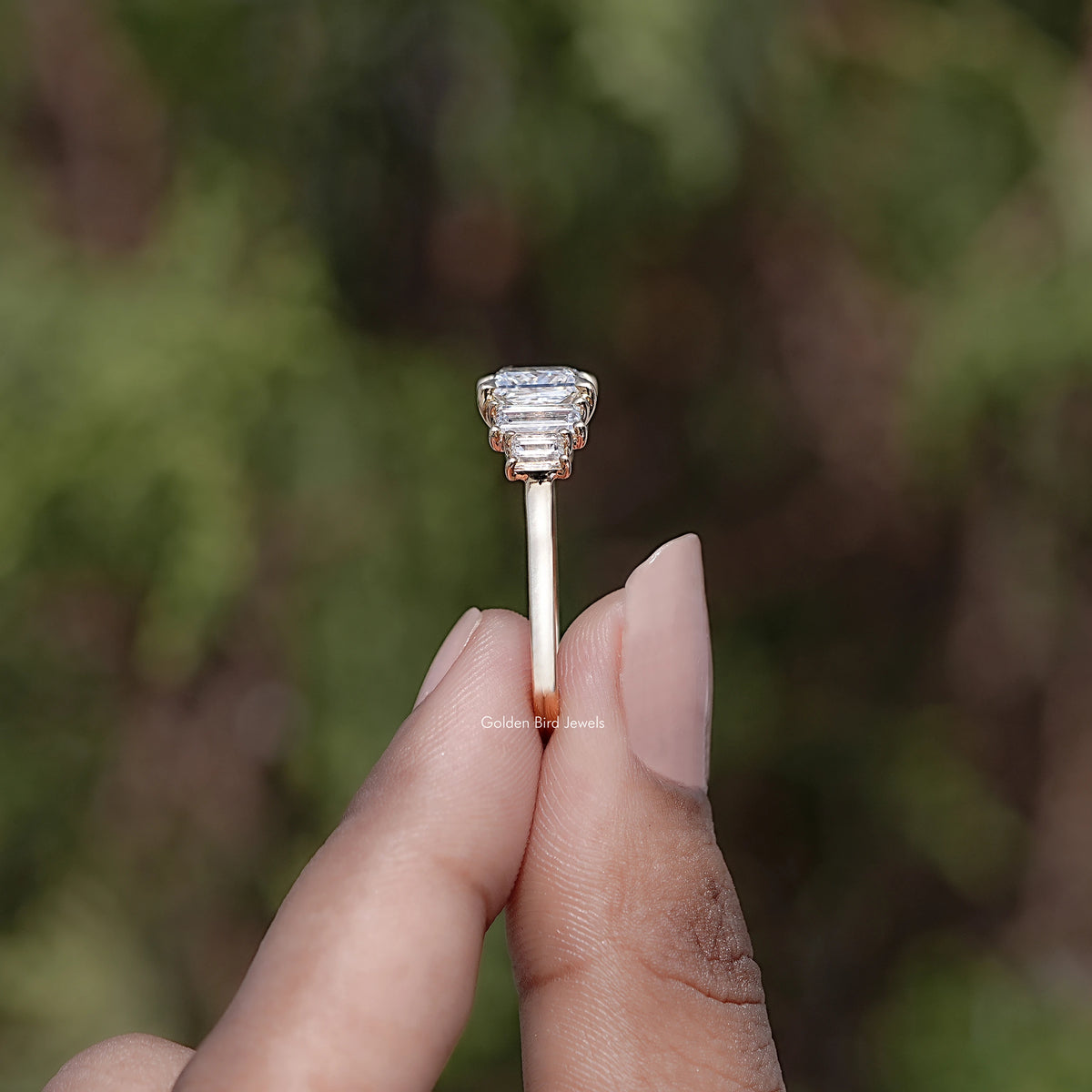Side View of Princess And Baguette Diamond Five Stone Ring