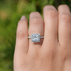 Close view of Princess Cut Lab Diamond Halo Ring