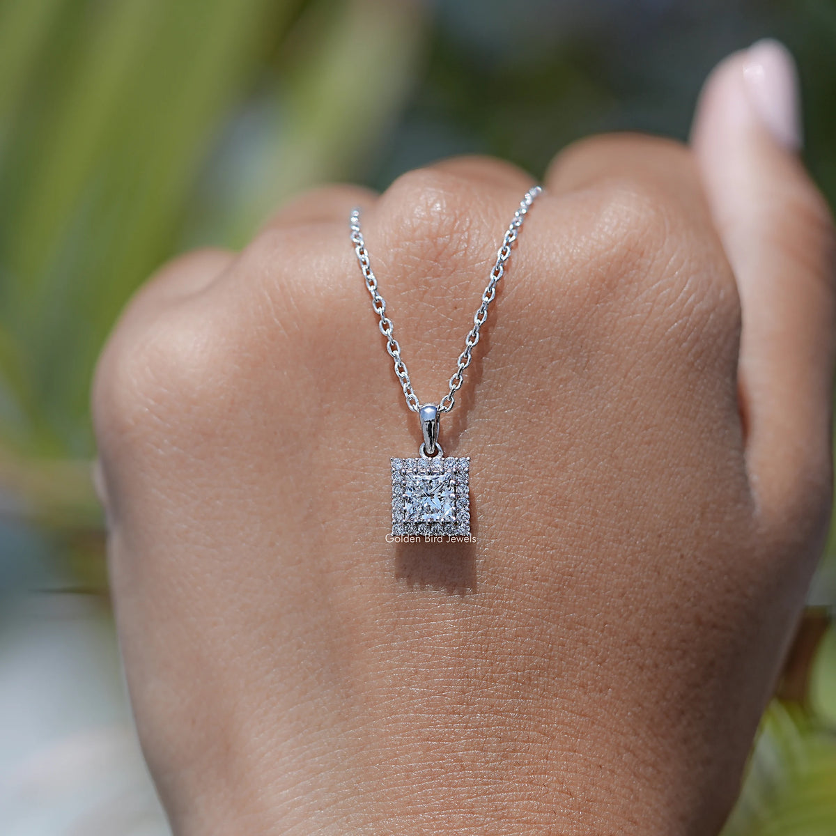 Front View of Halo Pendant in Princess Cut Lab Diamond