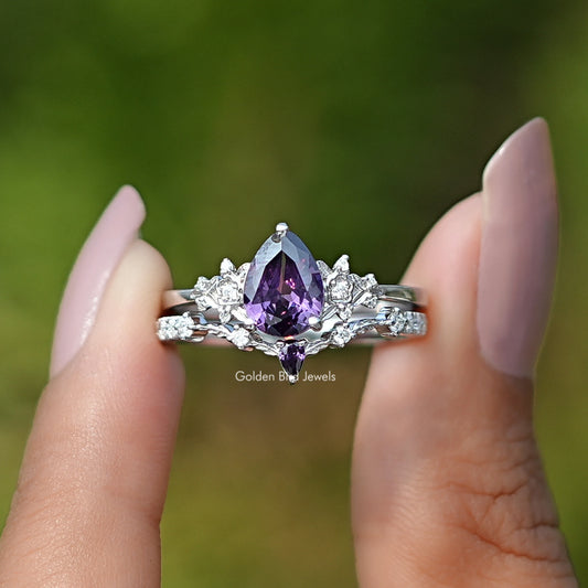Argentium silver pear-cut purple gemstone bridal ring set with side stone accents