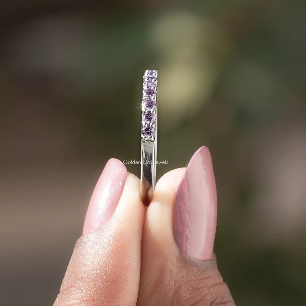 Side View of Purple Alexandrite Round Gemstone Eternity Band	
