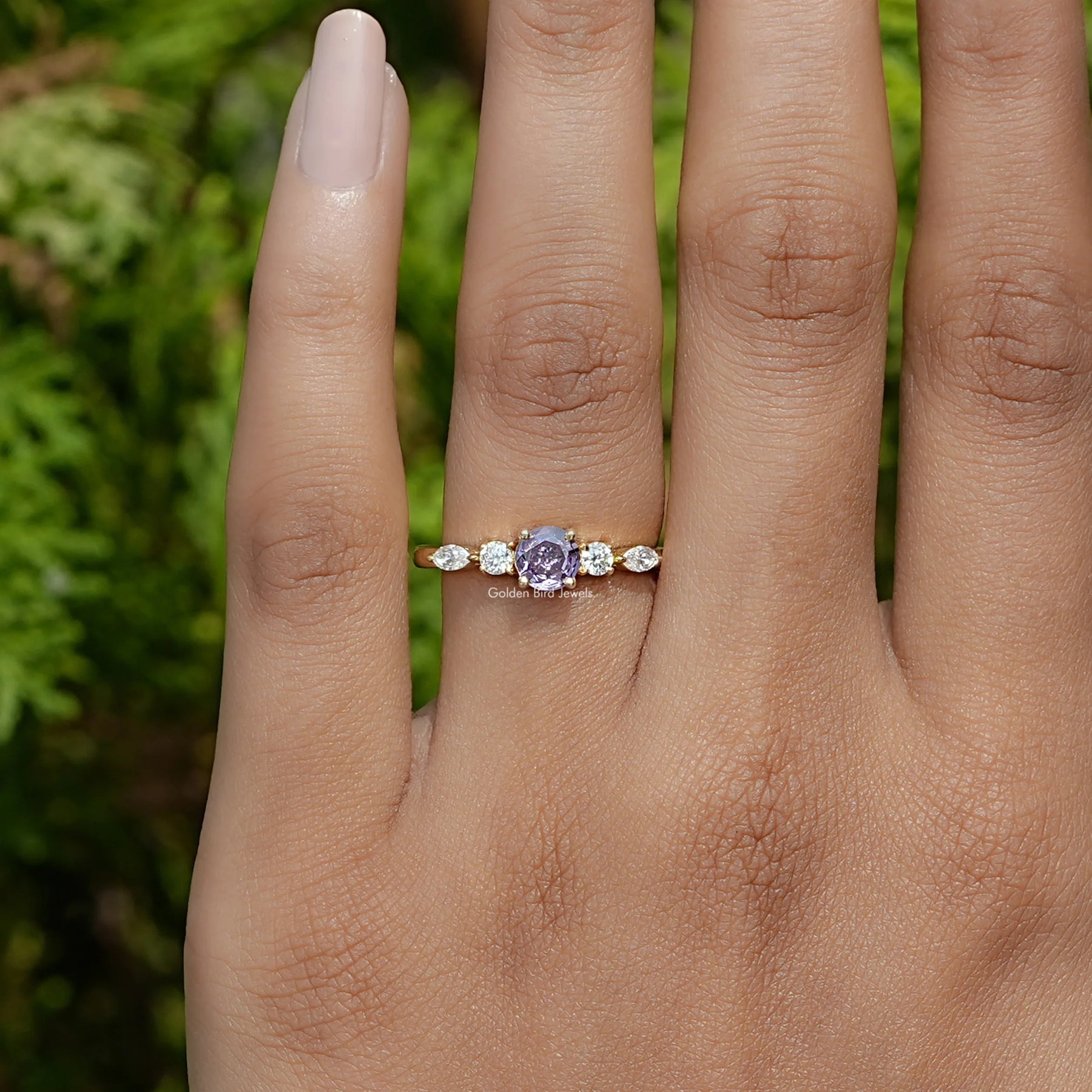 View of Purple Amethyst Round Cut Accent Ring In Yellow Gold
