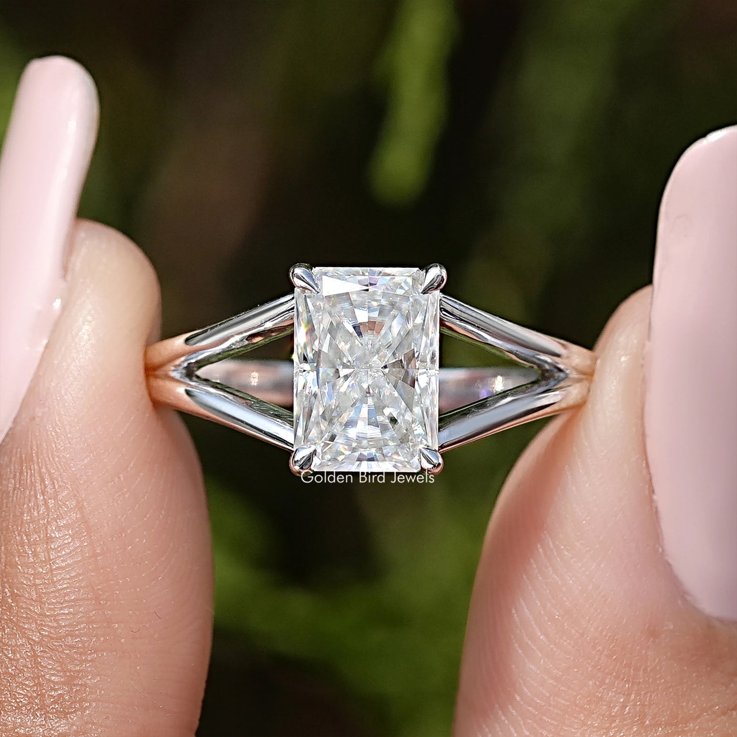 Radiant Cut Moissanite Gemstone Split Shank Engagement Ring