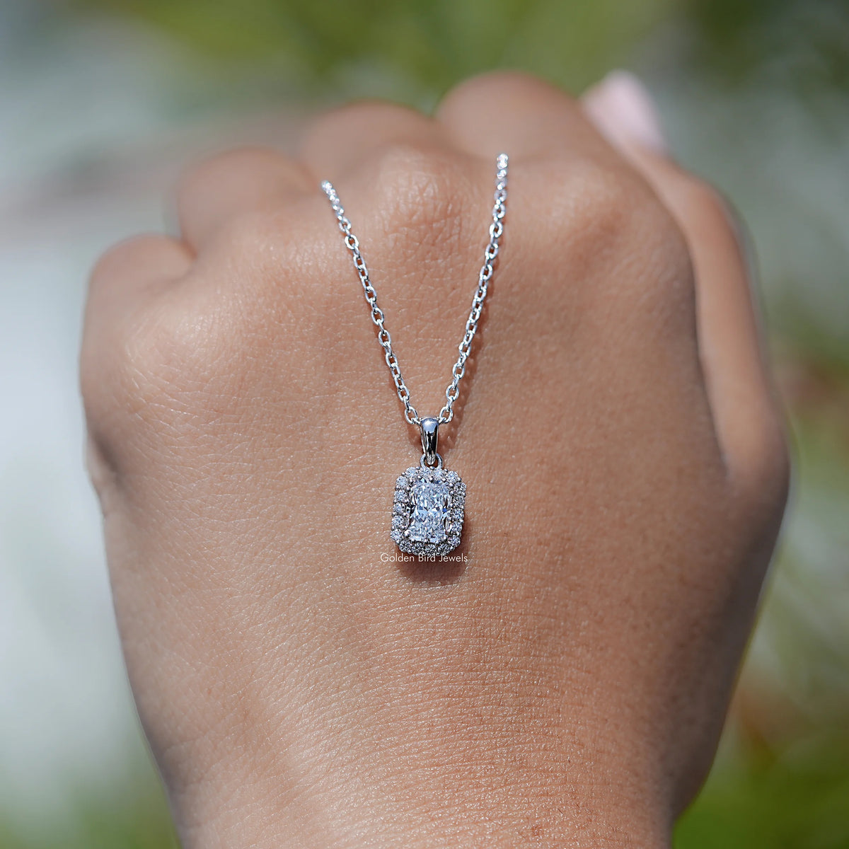 Front View of Radiant Cut Halo Pendant In Lab Grown Diamond