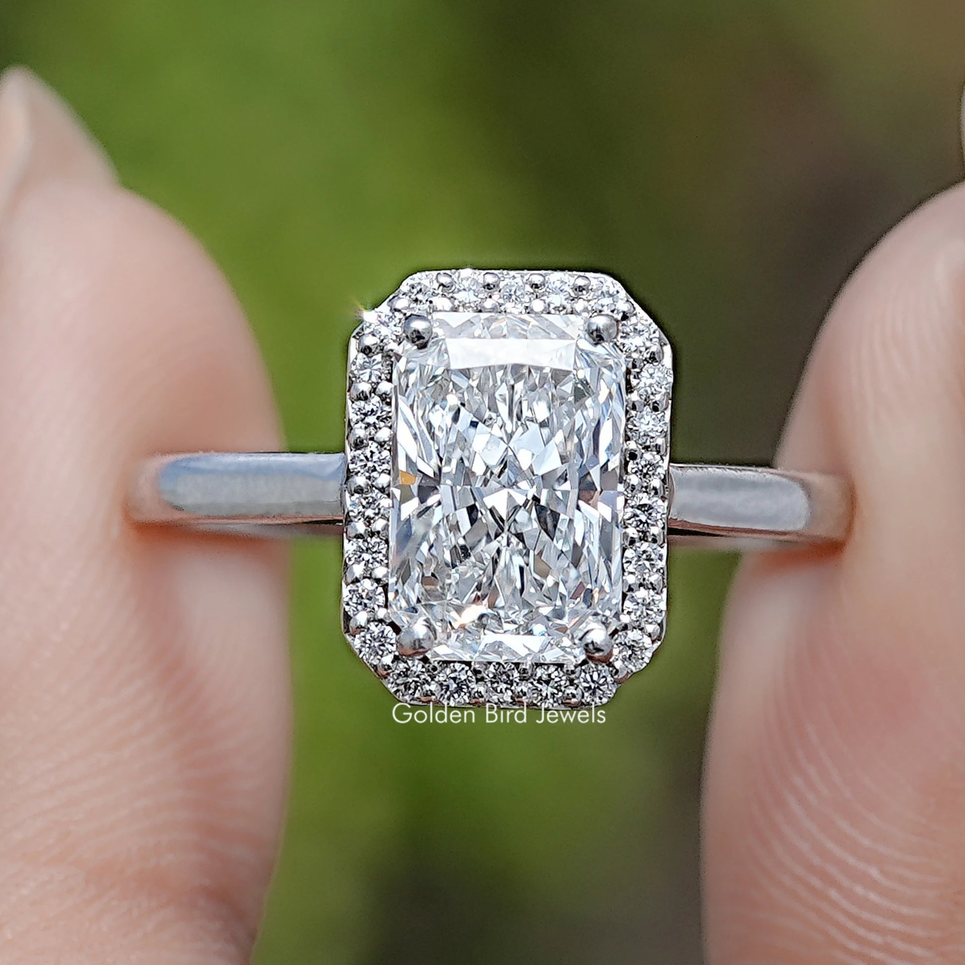 Front View of Radiant Cut Lab Diamond Halo Engagement Ring
