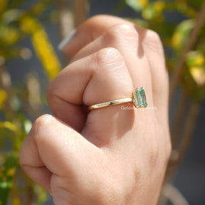 Side View of Radiant Cut Solitare Engagement Ring in a Yellow Gold