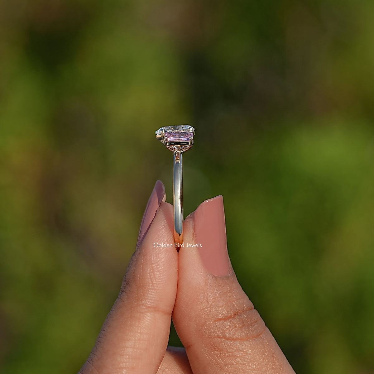 Radiant Gemstone And Oval Diamond Two Stone Ring