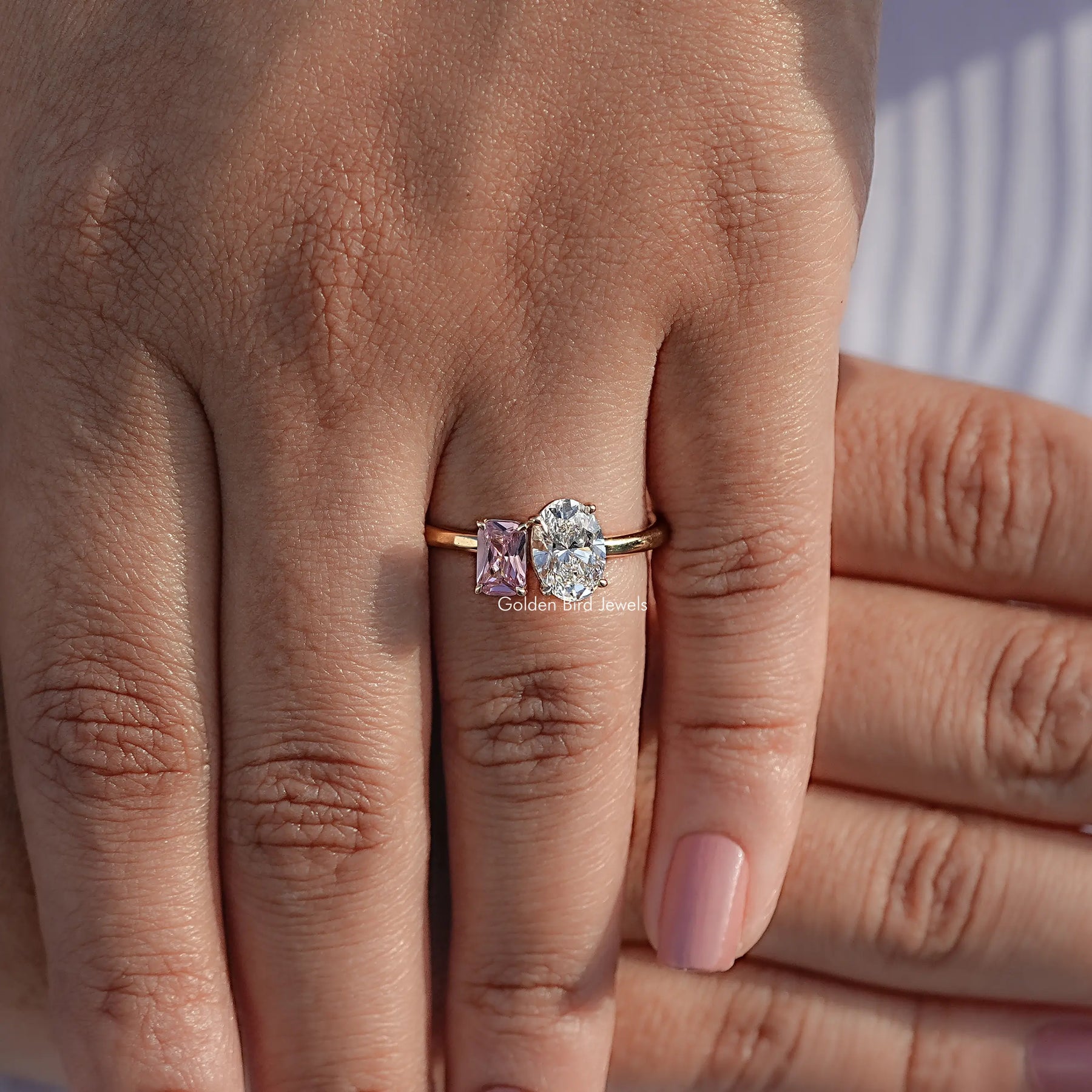 Radiant Gemstone And Oval Diamond Two Stone Ring