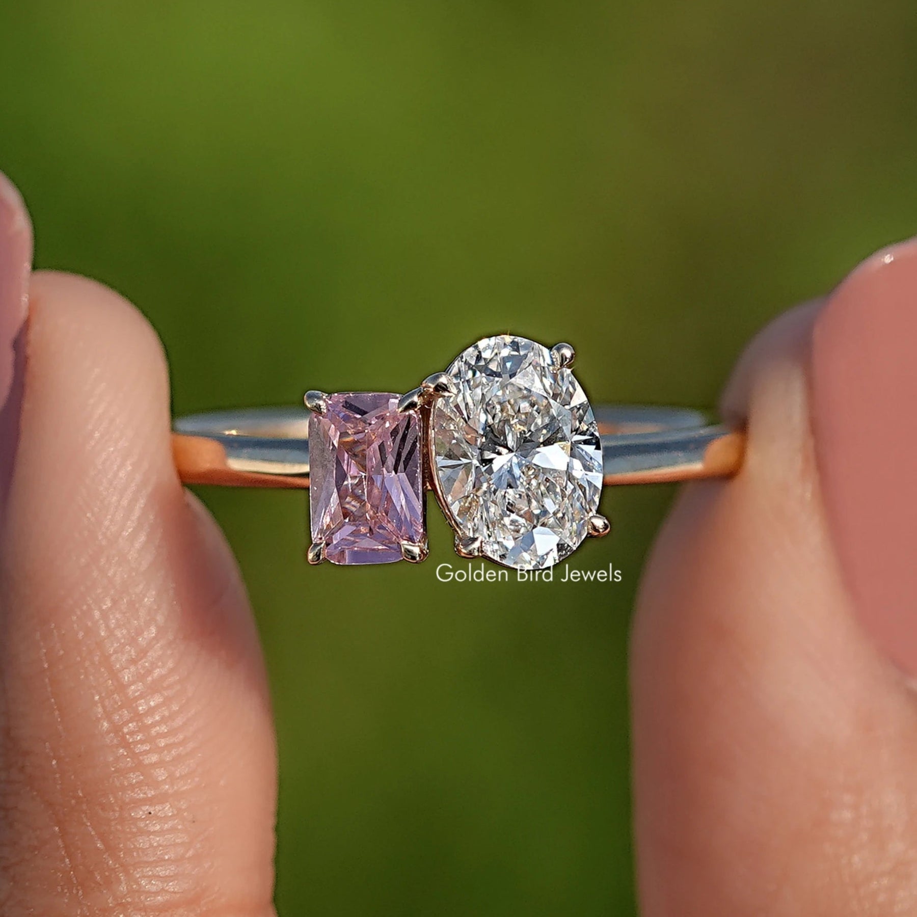 Radiant Gemstone And Oval Diamond Two Stone Ring