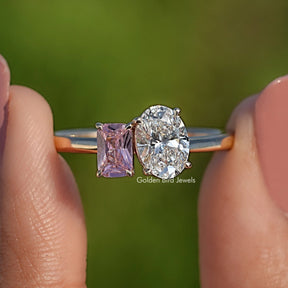 Radiant Gemstone And Oval Diamond Two Stone Ring