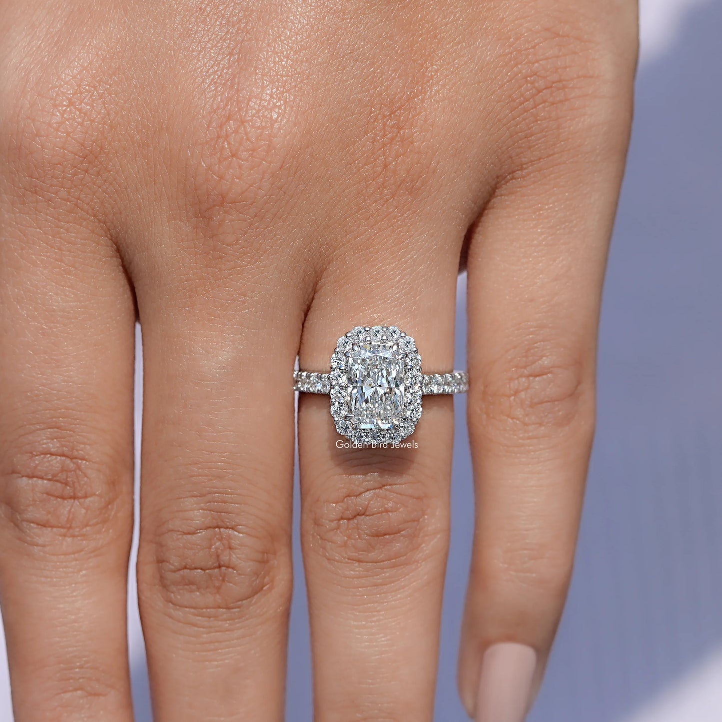 View of Lab Diamond Halo Accent Engagement Ring in prongs setting 