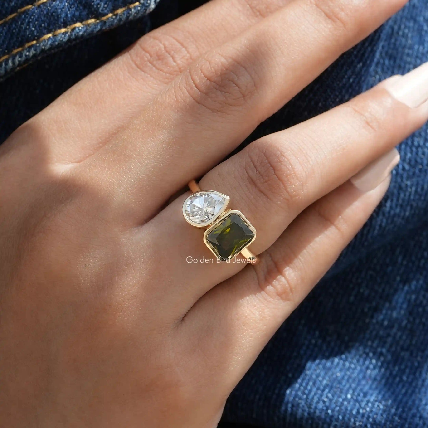 Close-Up View of Pear And Radiant Cut Moissanite Ring In White Gold