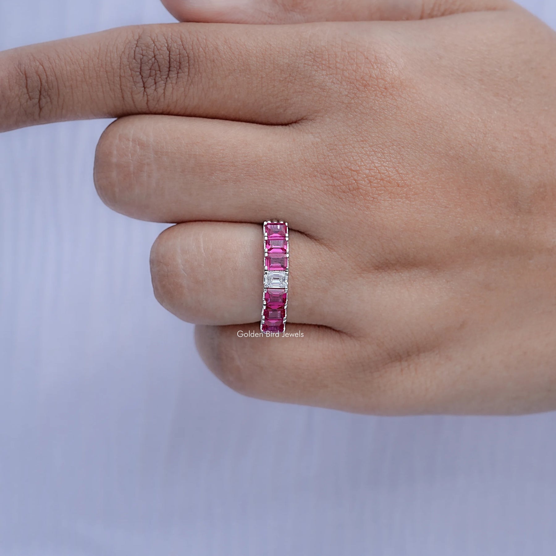 Red Ruby Emerald Shaped Gemstone Seven Stone Band