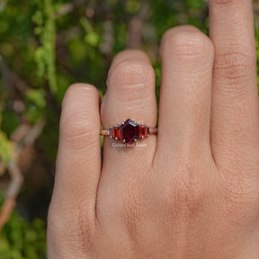 Red Ruby Hexagon Cut Gemstone 5 Stone Ring