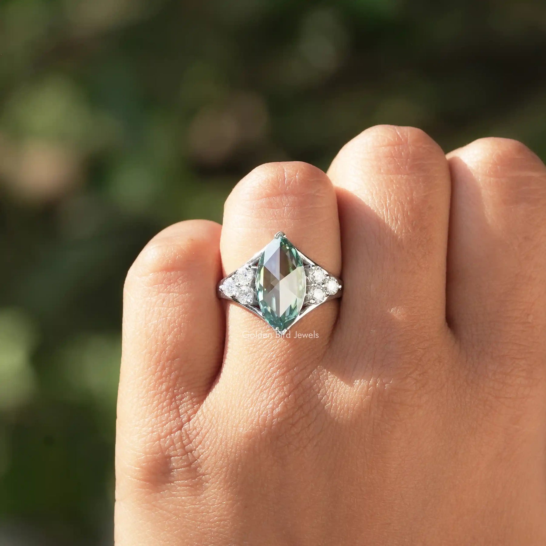Close-Up View of Rose Cut Marquise   Moissanite Engagement Ring