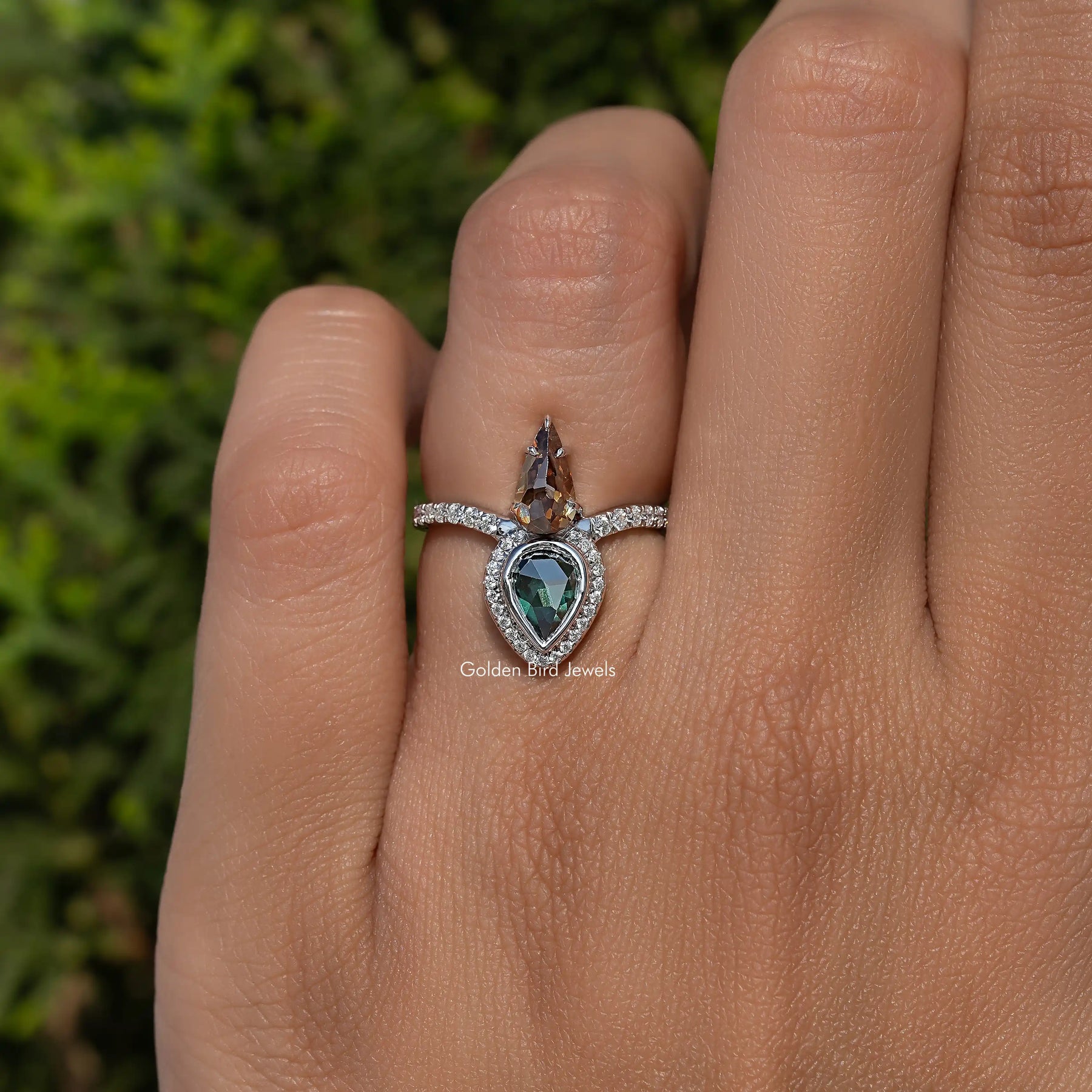 Rose Cut Pear Moissanite Engagement Ring