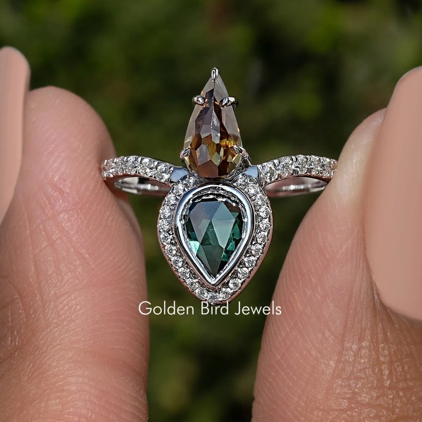 Rose Cut Pear Moissanite Engagement Ring