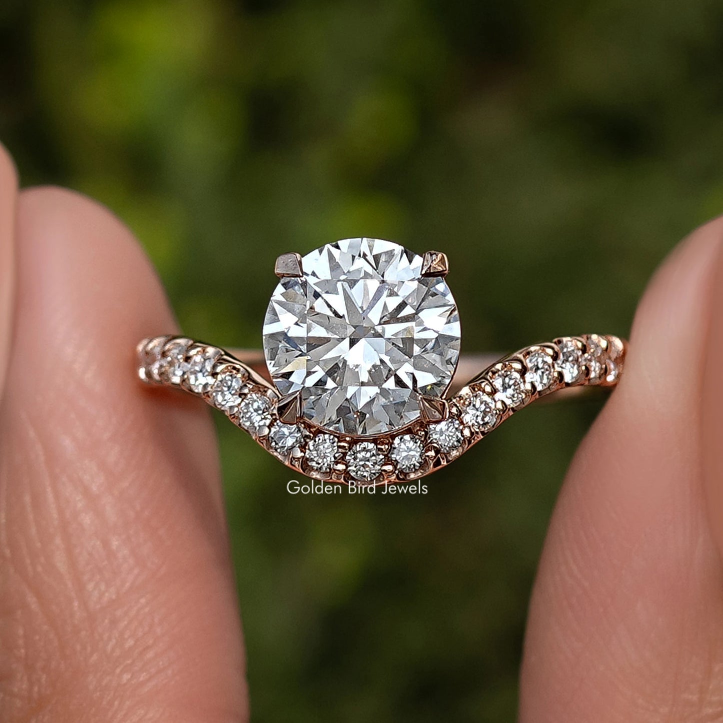 Lab Grown Round Cut Curved Accent Engagement Ring