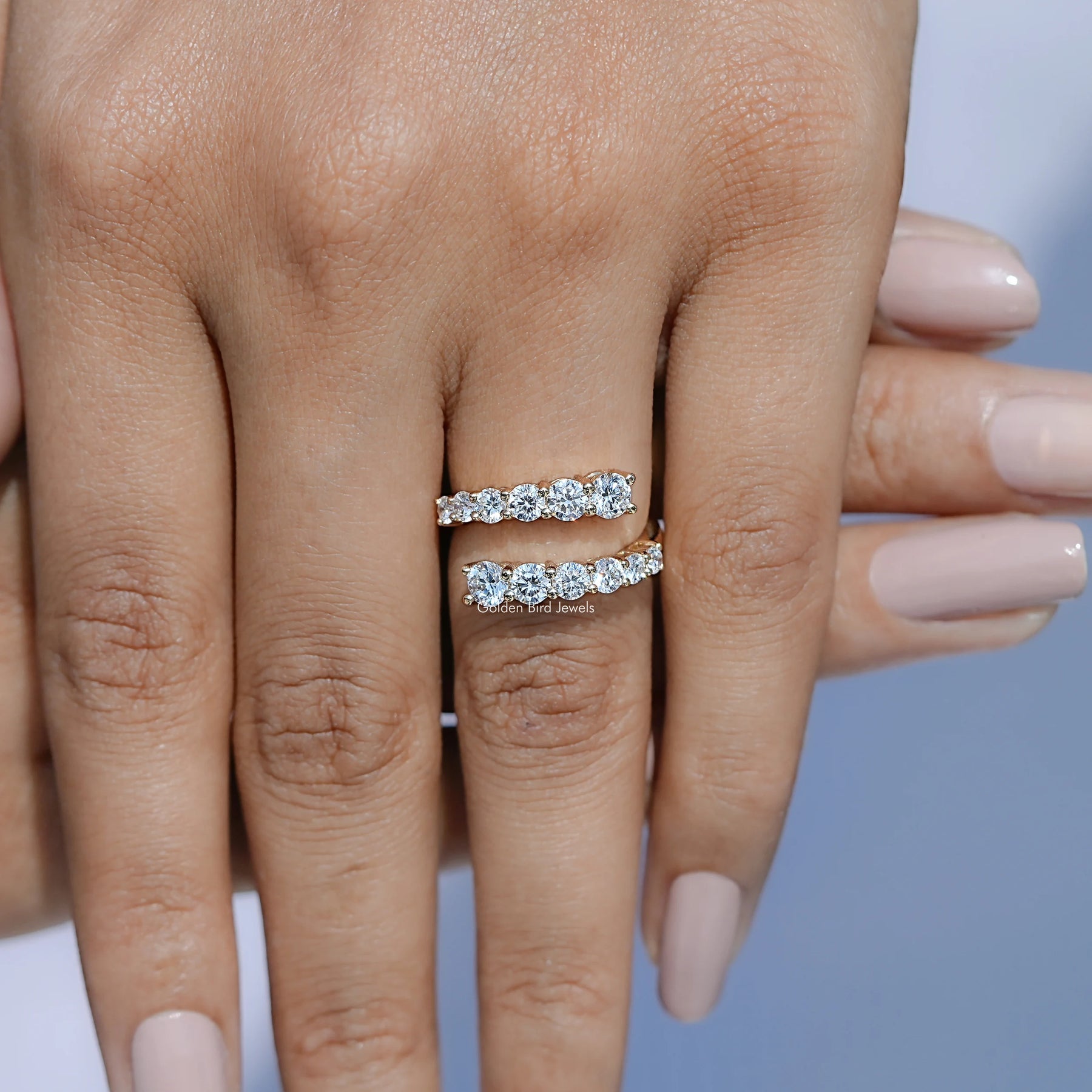 View of Lab Diamond Bypass Wedding Band  in prongs setting 