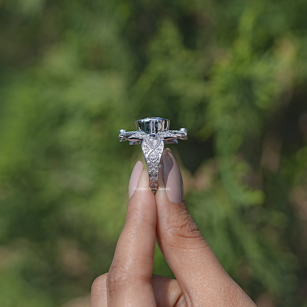 Side View of Long Art Deco Round Moissanite Engagement Ring
