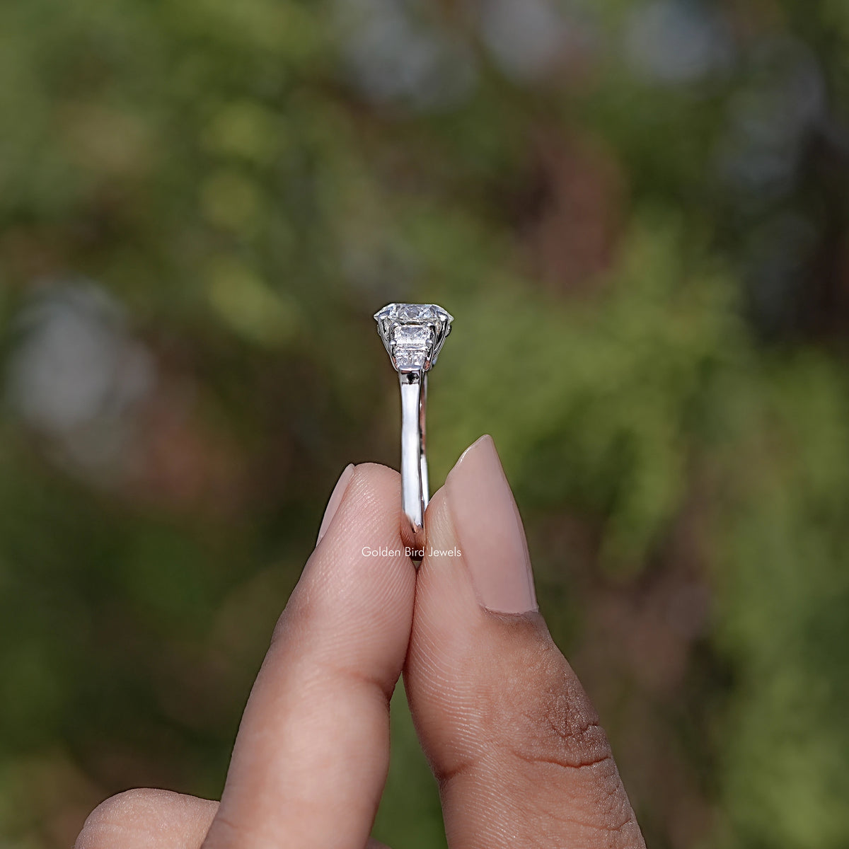 Side View of Round And Princess Diamond Five Stone Ring
