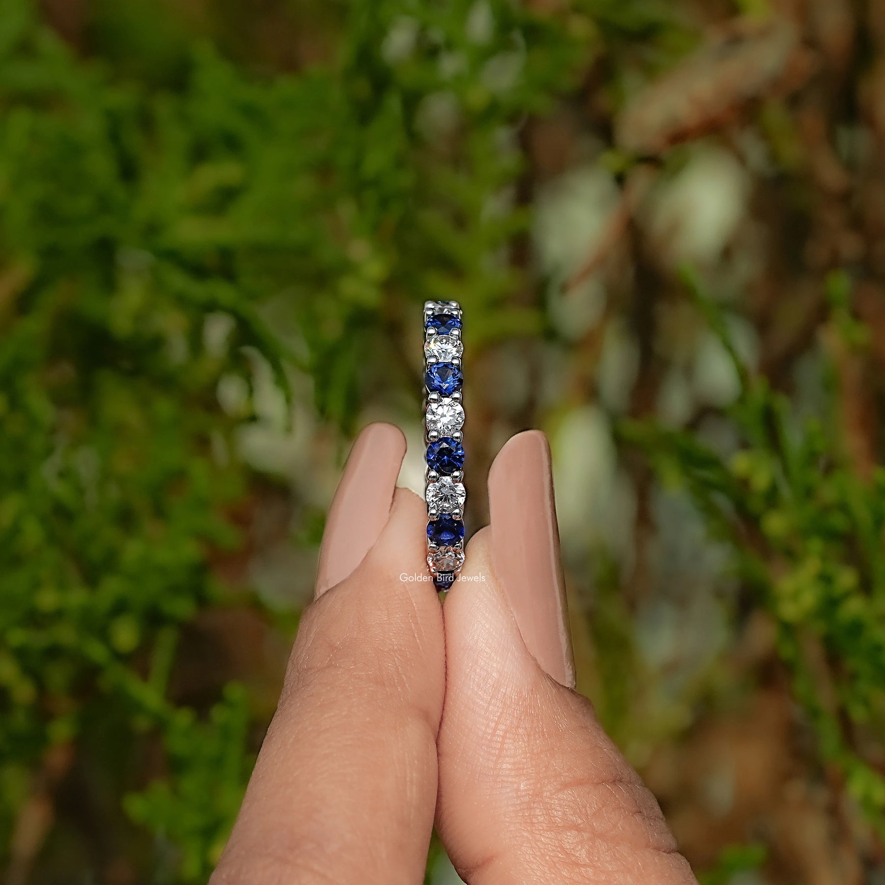 Round Shape Blue Gemstone Eternity Wedding Band